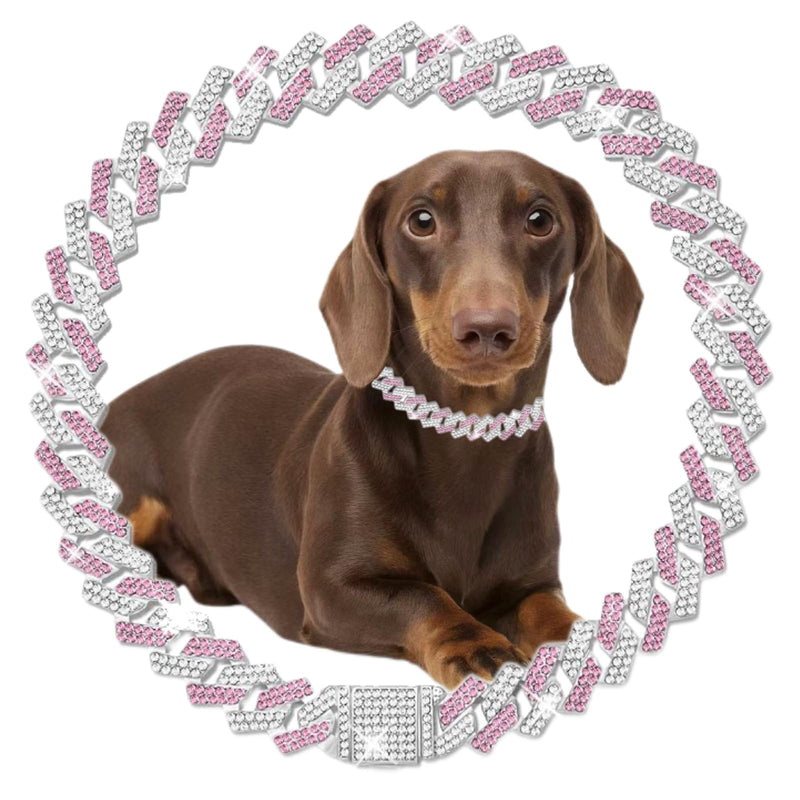 Pink Dog Chain Collar, Dog Necklaces Diamond Cuban Link Dog Collar Rhinestone Bling Glitter Metal Choke,Pet Jewelry for Puppy Small Medium Large Dogs (Pink 20inch) Pink 20 Inch - BeesActive Australia