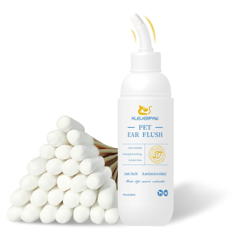 Tris Flush Cat & Dog Ear Cleaner - Dog Ear Infection Treatment with PHMB, Removes Wax, Odo, Gentle & Hypoallergenic, with 20 Cotton Qtips, 4 Fl oz