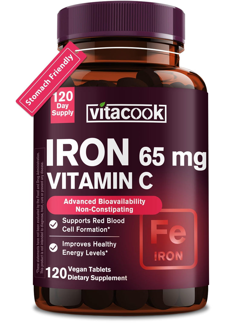 Iron Supplement for Women Men, High Potency Iron 65mg with Vitamin C 250mg | Stomach Friendly Iron Pills for Red Blood Cell & Immune Support, Vegan, Non-GMO & Gluten Free,120 Vegan Tablets Unflavored 120 Count (Pack of 1)