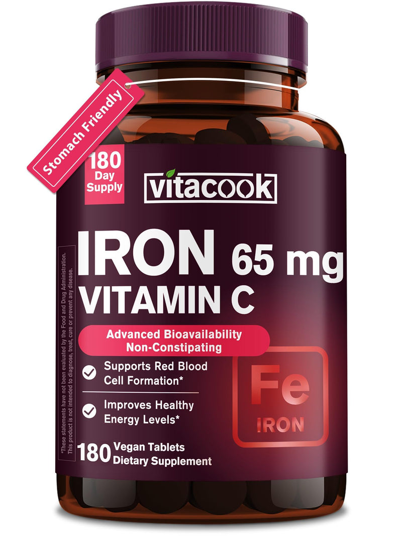 Iron Supplement for Women Men, High Potency Iron 65mg with Vitamin C 250mg | Stomach Friendly Iron Pills for Red Blood Cell & Immune Support, Vegan, Non-GMO & Gluten Free, 180 Tablets Unflavored 180 Count (Pack of 1)