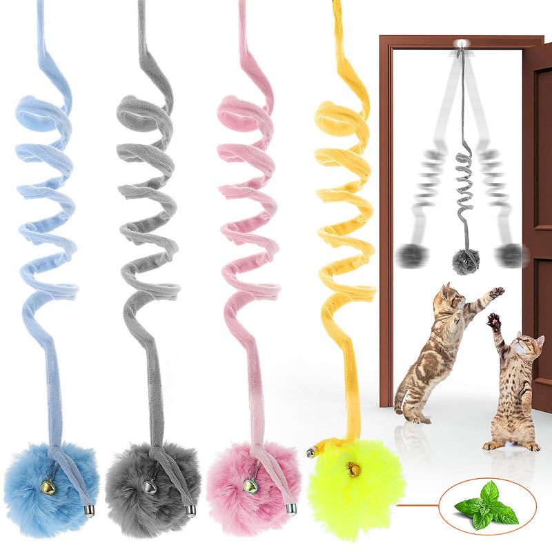 4pcs Hanging Cat Toys, Elastic Cat Spring Toys for Indoor Cats, Interactive Toys for Cats, Cat Balls with Bell, Cat Toys for Bored Indoor Adult Cats, Cat Toy Springs in Pink, Blue, Yellow, Gray - BeesActive Australia