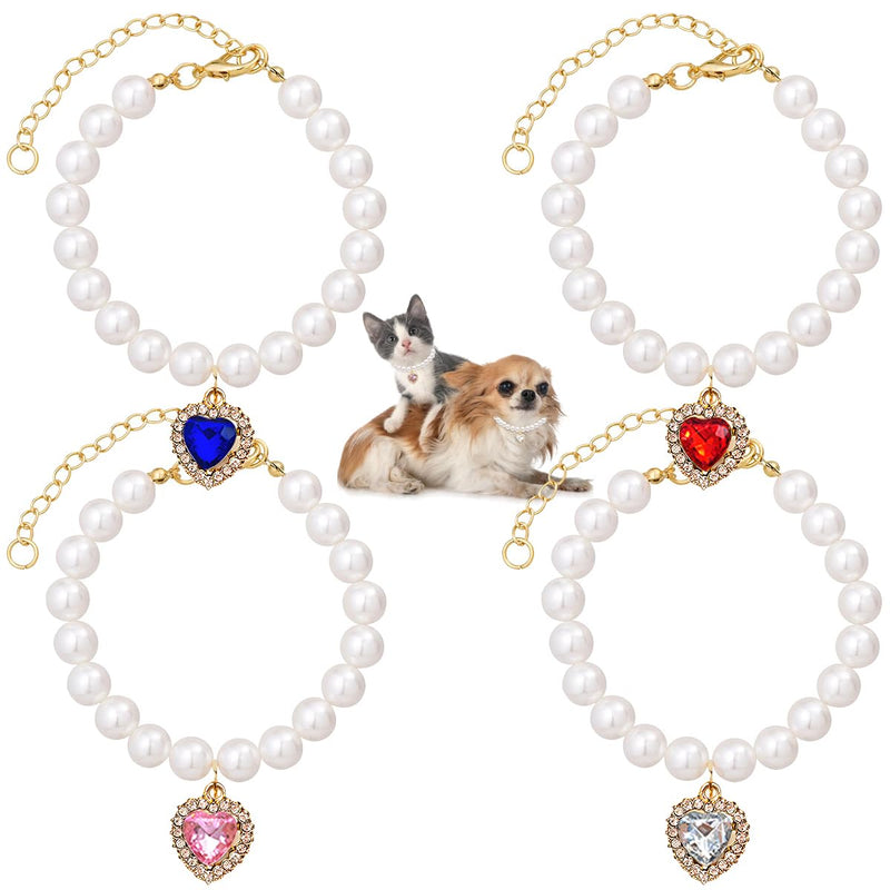 4 PCS Cat Dog Pearl Collar Pearl Necklace Collar Small Heart Shape Rhinestone Pet Necklace Rhinestones Heart Charm Collar Bling Rhinestones Cat Wedding Collar Pearl Cat Necklace for Cats Puppy - BeesActive Australia
