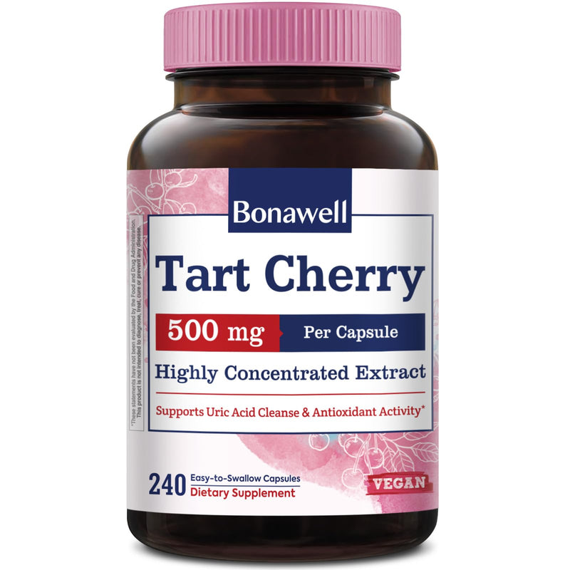 Tart Cherry Capsule, 500mg Extract Per Capsule, 240 Capsules | Made from Montmorency Tart Cherries, Powerful Uric Acid Cleanse, Antioxidant Support, 2 Month Supply 240 Count (Pack of 1)