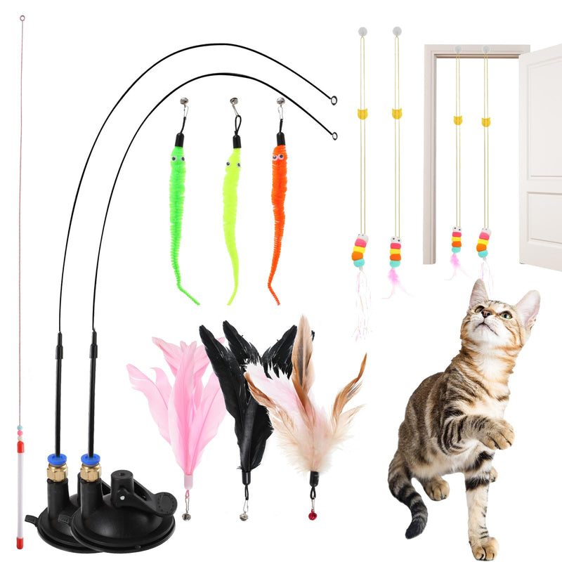 8pcs Cat Feathe Toys, Interactive Cat Toy for Indoor Cats, Suction Cup Cat Toys for Indoor Cats, Replacements Feathers Worm, Hanging Cat String Toy for Bored Indoor Kitten - BeesActive Australia