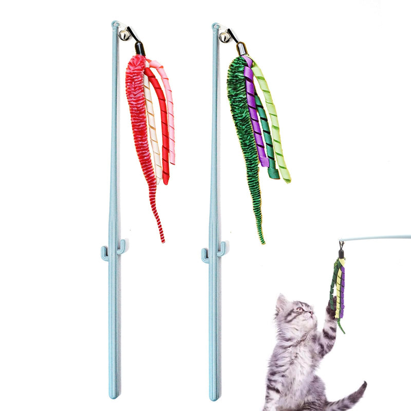 IUHKBH Cat Wands, 2 PCS Interactive Cat Teaser Wand Cat Worm Toys with Ribbon and Bell Pretty Cat Stick Toys for Cats Kittens - BeesActive Australia