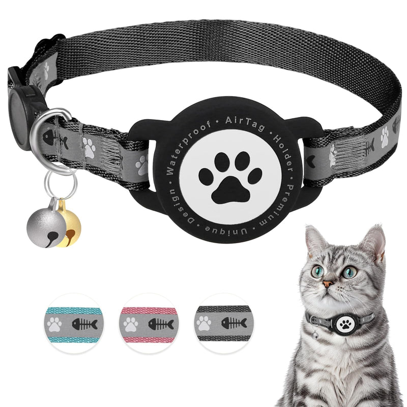 Waterproof Airtag Cat Collar, Reflective Cat Airtag Collar with Bell, Breakaway Cat collar AirTag Holder, Lightweight Kitten Collar for Apple Air tag, Cat GPS Collars for Girl Boy Cats, Kitten (Black) Black - BeesActive Australia
