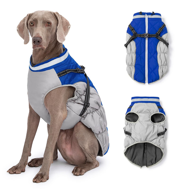 Dog Winter Coat with Harness, Dog Jacket, Dog Clothes with Zipper on Back, Waterproof Windproof Warm Vest, Reflective Cold Weather Coats, for Small Medium Large Dogs, Thick (Blue,L) L(Chest Girth:25.19"/64CM) Blue - BeesActive Australia