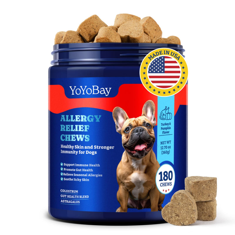 Dog Allergy Relief Chews – 180 Soft Chews, Turkey & Pumpkin Flavor - Immune Support & Itch Relief with Colostrum, Astragalus Root, 6-Strain Gut Health Blend 180 Count (Pack of 1)