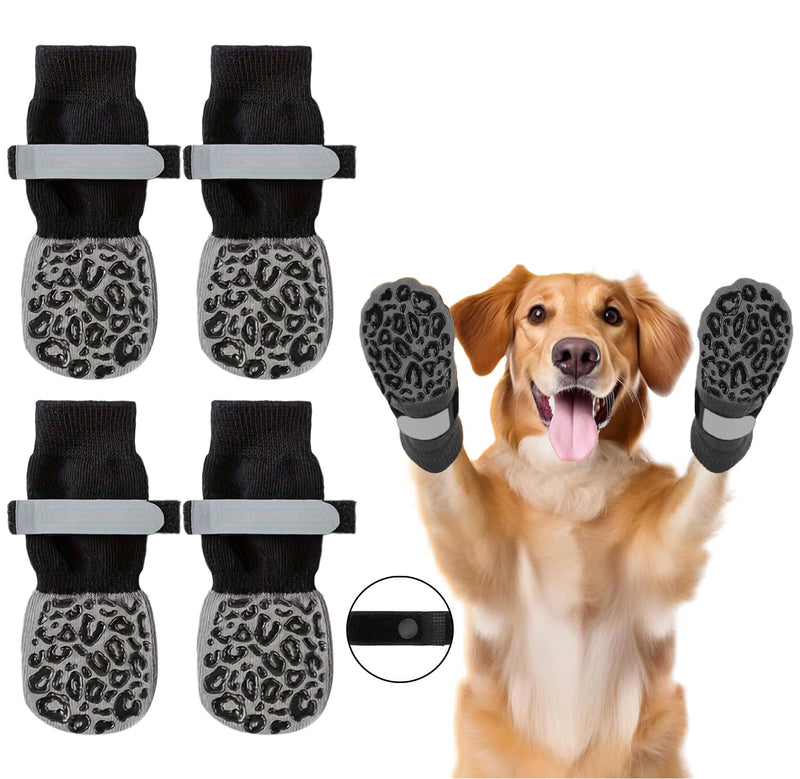 Double Side Non Slip Dog Socks to Prevent Licking Paws, Dog Shoes for Winter Cold Hot Pavement Dog Booties, Night Reflection Paw Protectors for Hardwood Floors Traction Control Indoor 4 pack of Black Socks with Leopard anti-slip strip - BeesActive Australia