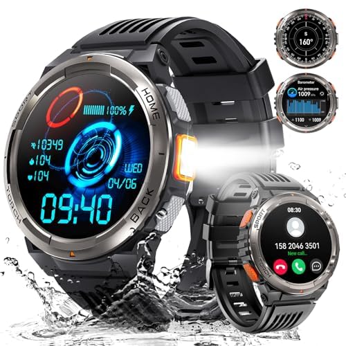 Military Smart Watches for Men with LED Flashlight, Tactical Rugged Smart Watch with 1.45" HD, 3ATM Waterproof & Compass, Sports Fitness Tracker with Heart rate/SPO2/Sleep Monitor KE5-Grey Button