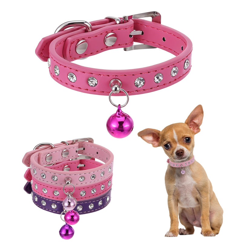 3pcs Rhinestone Dog Collars for Small Dogs Puppy Collar Pink Dog Collar with Bell Small Dog Collar Adjustable Teacup Dog Collar for Small Dogs 3/8 inch Width Xs - BeesActive Australia