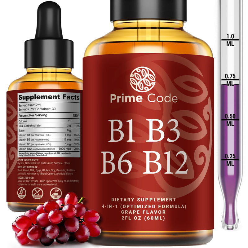 Prime Code Liquid Vitamin B1 Drops with Vitamin B3 B6 & B12 | B Complex Liquid Supplement | Thiamine Supplement for Adults | High Absorption | Immune Support | Non-GMO | Gluten-Free