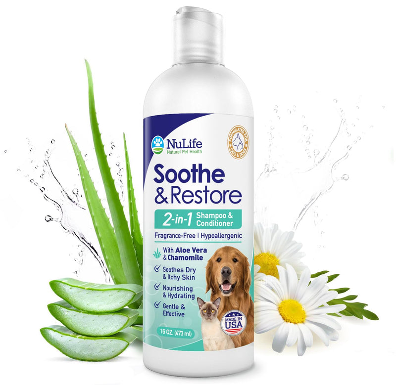 2-in-1 Dog Shampoo and Conditioner with Soothing Aloe Vera & Chamomile, Sensitive Skin, Fragrance-Free, Hypoallergenic Formula Provides Itchy Skin Relief from Dry Skin & Allergies - 16oz - PawsPlanet Australia