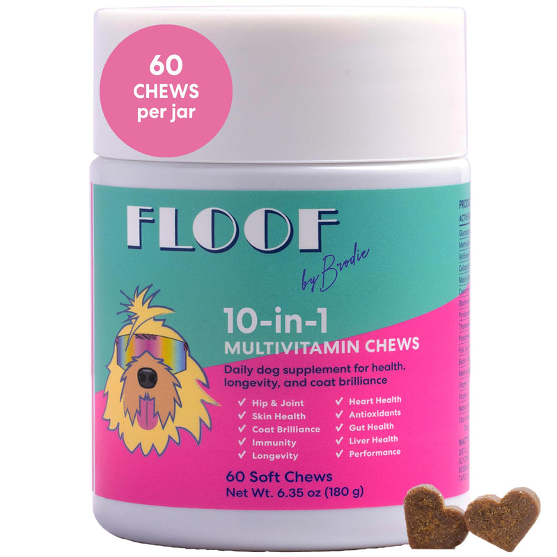 Floof by Brodie 10-in-1 Multivitamin Supplement: Dog and Puppy Vitamin with Joint Health Support MSM and Glucosamine HCL, Heart Health Coenzyme Q10, Probiotics, Collagen, Biotin - 60 Chews (6.35 oz)