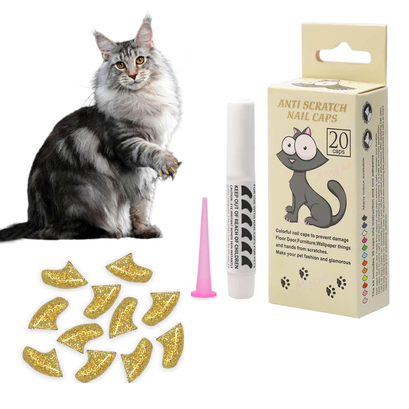 Cat Nail Caps with Glue - 20pcs Pet Kitten Cat Claw Caps Cat Claw Covers for Small Medium Large Cats - Crystal Gold M - BeesActive Australia