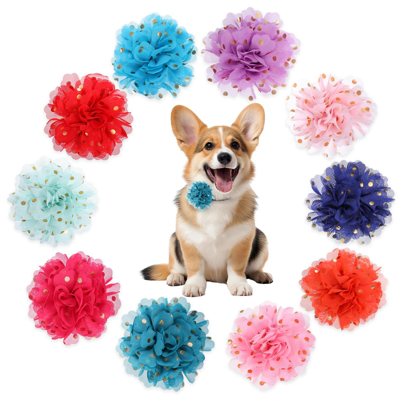 10Pcs Dog Flower Collar Accessory Gold Glitter Pet Collar Flowers Multi-Color Pet Flower Collars Dog Charms Flower Soft Chiffon Dog Bow Tie Charms Flower Cat Flower Collar Pet Bow Tie Flowers - BeesActive Australia