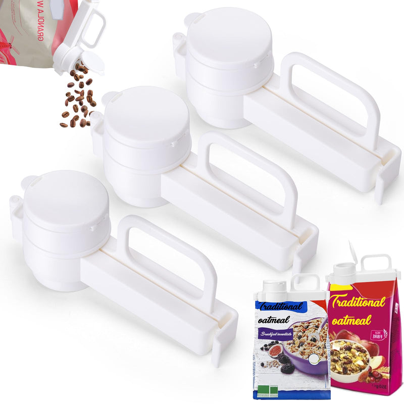 Bag Clips with Pour Spout, 3 Pcs Food Bag Sealing Clip with Pour Spout, Reusable Bag Clips for Food, Liquid, Flour, Snack, Baby/Cat/Dog Food Storage Organization White 3pcs - BeesActive Australia