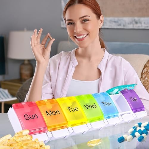 Weekly Pill Organizer 7 Day Pill Box with Labels, Spring Open Pill Case for Vitamins Supplements and Medications, BPA Free Daily Medicine Pill Organizer for Medication Portable Pill Holder White