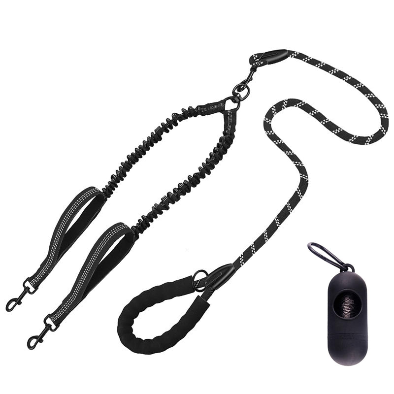 Double No Tangle Dog Leash 360° Swivel Reflective Rope Leash with Two Padded Handle Shock Absorbing Bungee Leash Walking Training Leash for Medium Large Dogs M(35" rope+20"-35"bungee) Black - BeesActive Australia