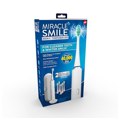 Miracle Smile Sonic Toothbrush, 40,000 VPM Electric Toothbrush with 5 Cleaning Modes, Includes 6 Brush Heads, USB Dock & Travel Case, Cordless, Water Resistant Rechargeable Toothbrush
