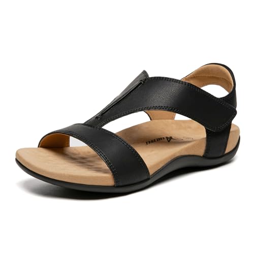 Athlefit Orthopedic Flat Sandals for Women with Arch Support Black 10