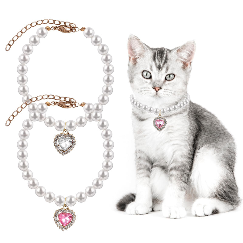 2 PCS Cat Dog Pearl Collar with Rhinestone Heart Pet Jewelry Small Heart Shape Rhinestone Pet Necklace, Adjustable Birthday Wedding Collar for Puppy Small Cats- White & Pink - BeesActive Australia