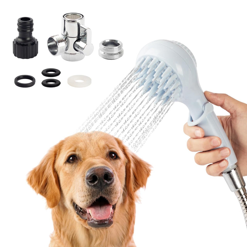 Detachable Dog Shower Head & Pet Shower Brush. Stainless Steel Hose, Soap Storage, Undercoat Nozzle for Dogs. Suites for 1/4'' Indoor bathroom faucet and 3/4'' Outdoor shunt. - BeesActive Australia