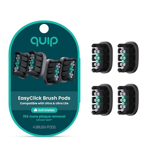 quip Ultra and Ultra Lite EasyClick Brush Pod Refill Heads - 4 Pack - Verified quip Brush Head Refills for Sonic Electric Toothbrushes - Soft Bristles, Compact - Last 3 Months Each - Black