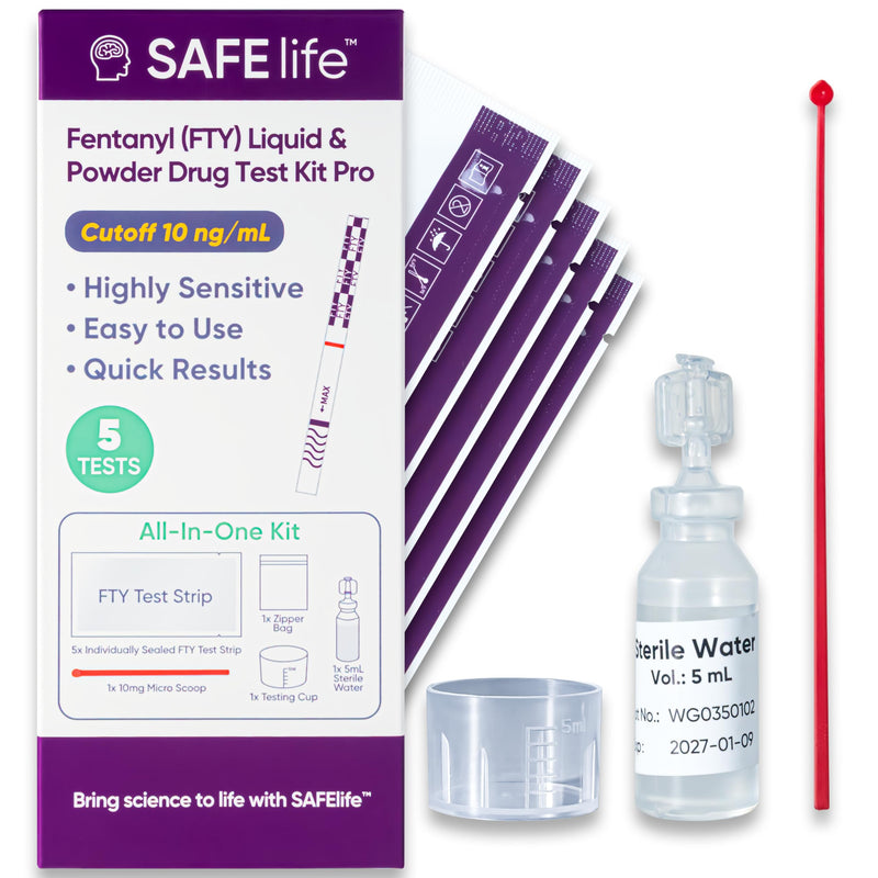 SAFE LIFE Fentanyl Test Strips – Detects Fentanyl and Analogs in Powders, Liquids, and Pills, Highly Sensitive with 10ng/mL Cut-Off, 5 Test Kit with Cups & Spoons, No Interference from MET/MDMA/COC
