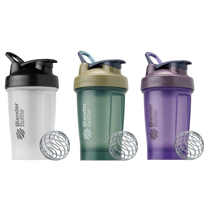 BlenderBottle Classic V2 Shaker Bottle Perfect for Protein Shakes and Pre Workout, 20-Ounce (3 Pack), Black, Tan/Blue, Purple 20 oz (Pack of 3) Black and Tan/Blue and Purple