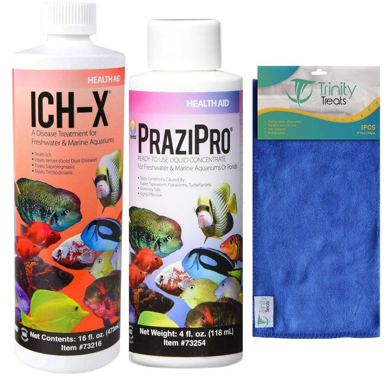 ICH X 16 fl oz, PraziPro 4 fl oz for Freshwater, Including Trinity Treats Microfiber Cleaning Cloth (ICH X for Freshwater Fish, PraziPro for Fish) - BeesActive Australia