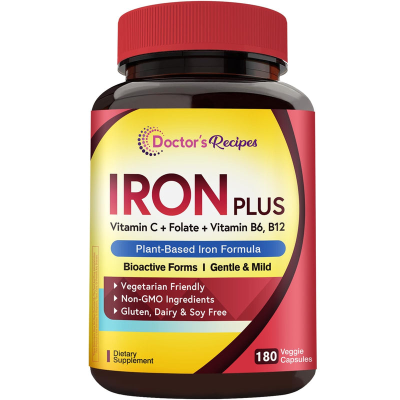Doctor's Recipes Iron Supplement for Women Men - Gentle Iron Bisglycinate with Vitamin C, B6, Folate & B12, Stomach Friendly Iron Pills, 180 Vegan Caps 180 Count (Pack of 1)