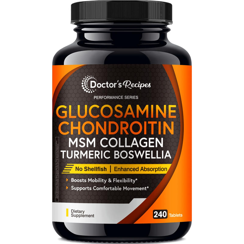 Doctor's Recipes Glucosamine Chondroitin MSM Turmeric Quercetin, Movement Support Supplement for Men & Women, with Black Pepper for High Absorption, Mobility & Flexibility, No Shellfish, 240 Tablets