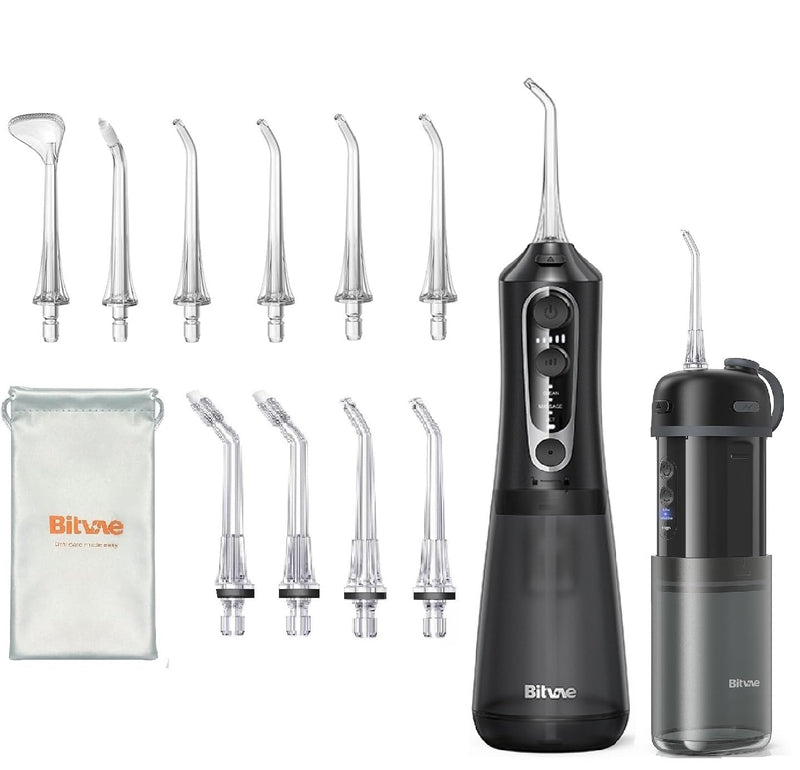 Bitvae C6 Water Dental Flosser Teeth Picks & P1 Travel Water Flosser Teeth Picks Bundle, IPX7 Waterproof Portable & Rechargeable Oral Irrigator Cleaner, Black