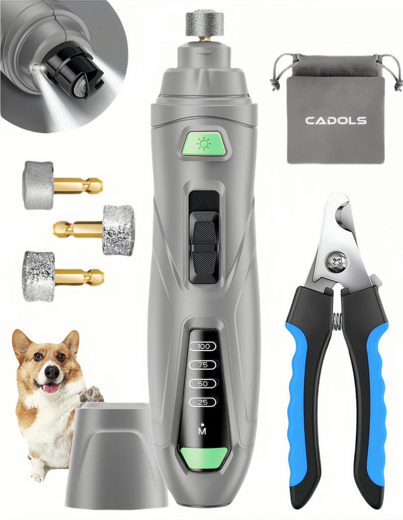 Dog Nail Grinder Quiet, Painless Dog Nail Trimmers with 3 Grinding Wheels 3-Speed 3 Grinding Ports 2 Bright Lights, Cordless Rechargeable Dog Nail Clippers for Large Small Dogs Cats-Gray-2 Gray-2 - BeesActive Australia