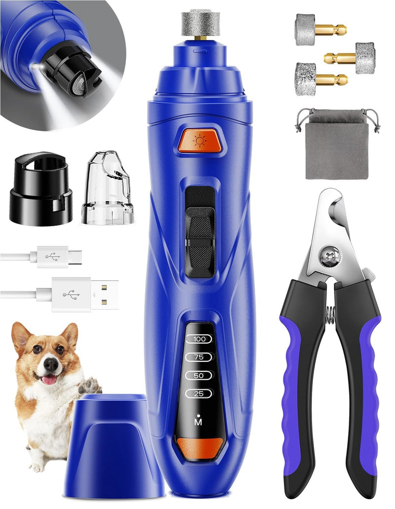Dog Nail Grinder Quiet Painless Dog Nail Trimmers with 3 Grinding Bits 3-Speed 3 Grinding Ports 2 LED Lights Rechargeable Dog Nail Clippers for Large Small Pets-A Dark Blue - BeesActive Australia