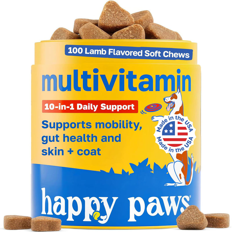 Happy Paws 10-in-1 Dog Multivitamin, Supplements for Dogs for Daily Nutritional & Immune Support, Suitable for All Breeds & Ages with Coconut Oil, Vitamin D3 and Biotin, Vegan Lamb Flavor, (100 Chews) 100 Count