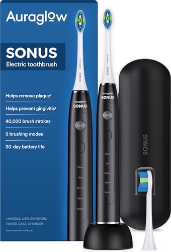 AURAGLOW Electric Toothbrush for Adults, Strong Sonic Toothbrush, 40,000 VPM, Rechargeable, 5 Modes, Removes 10x More Plaque, IPX7, 30-Day Battery, 2 Brush Heads & Travel Case Black