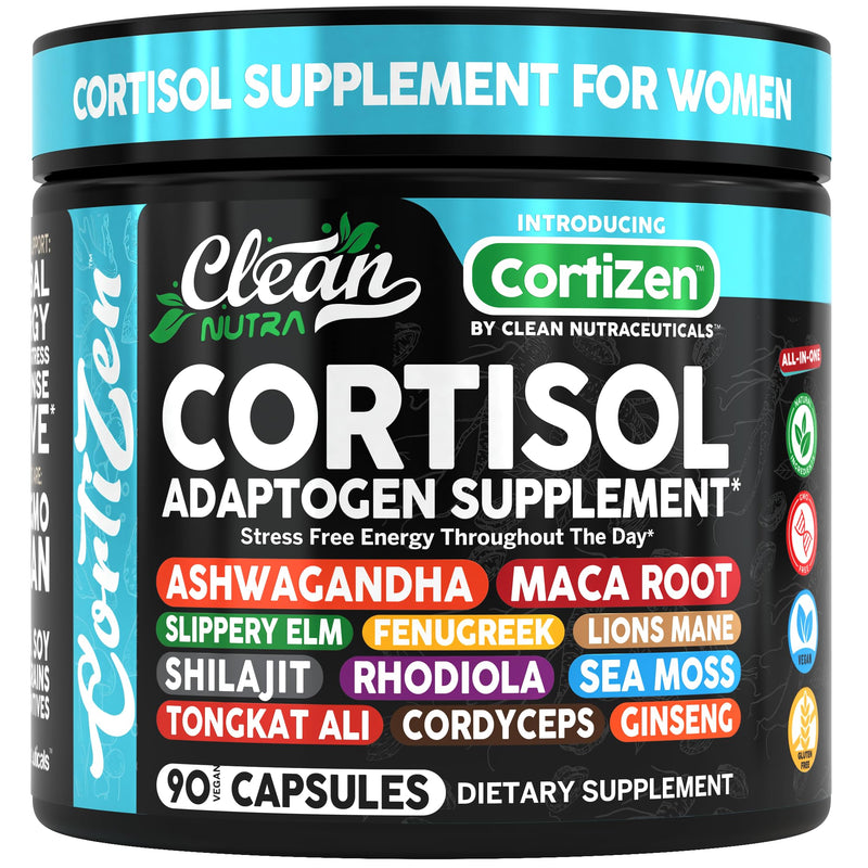 Clean Nutra Cortisol Supplements For Women | Maca Root Ashwagandha Cortisol Detox Manager Reducer + Slippery Elm Fenugreek Lions Mane Shilajit Rhodiola Sea Moss Tongkat Ali Cordyceps Ginseng Beet Root 1