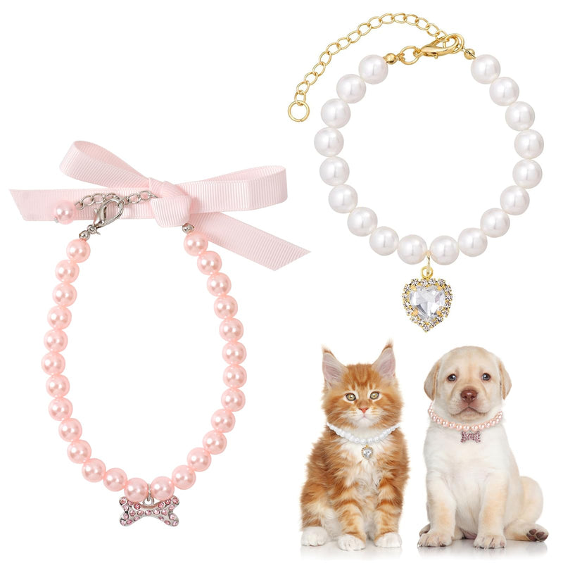 2 Pcs Cat Dog Collars,with Rhinestone Bones,Heart Shape Rhinestone Pet Necklace,Dog Pearl Necklace Collar Cats and Dogs Cute Accessories for Cats and Dogs Birthday, Party, Wedding (S) S - BeesActive Australia