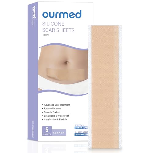 Ourmed Silicone Scar Removal Sheets (1.6" x 6", Pack of 5) Medical Grade Silicone Scar Removal Sheets, Hypoallergenic for New and Old Scars – Surgery, Burns, Acne, Keloids, Stretch Marks, C-Section 1.6"x 6" (5 Pcs)