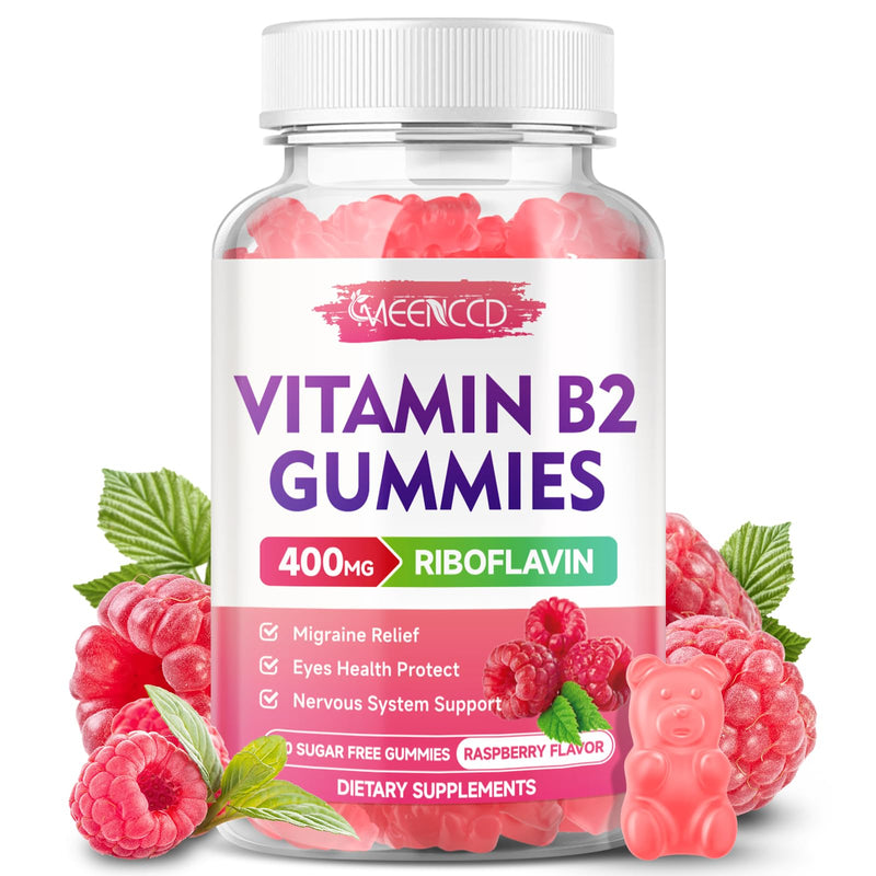 MEENCCD Vitamin B2 Gummies Riboflavin 400mg Supplement with Magnesium for Kids & Adults, B2 Gummies for Migraine Relief & Nervous System Support, Vegan, Sugar-Free, Raspberry Flavor, 60 Count 60 Count (Pack of 1)