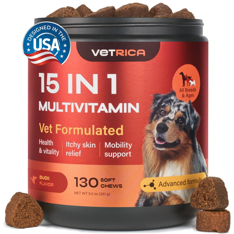 Dog Vitamins 15 in 1 - Dog Multivitamin Chews - Joint Supplement for Dogs - Dog Vitamins & Supplements for Hip & Joint, Immune System, Coat & Mobility - Itchy Skin Relief - Glucosamine Chondroitin 130 count - PawsPlanet Australia