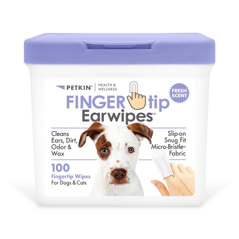 Petkin Fingertip Ear Wipes for Dogs and Cats, 100 Finger Wipes - Slip-On, Snug Fit, Micro-Bristle Fabric - Cleans Ears, Dirt, Odor and Wax - Convenient, Ideal for Home and Travel - Fresh Scent 100ct