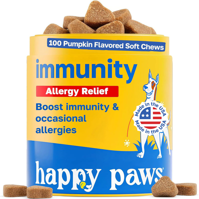 Happy Paws Turmeric Supplement for Dogs, Daily Immune & Joint Support for All Breeds & Ages, with Turmeric, Colostrum & Turkey Tail Mushrooms, Pumpkin Flavor, Non-GMO, 100 Soft Chews 100 Count