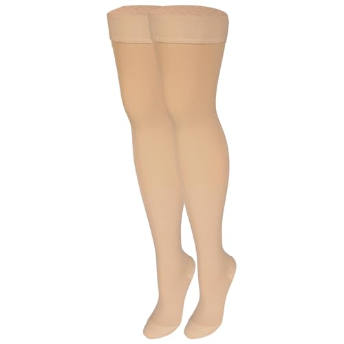 NuVein Medical Compression Stockings, 30-40 mmHg Support, Women & Men Thigh Length Hose, Closed Toe, Beige, Medium 30 - 40 mmHg