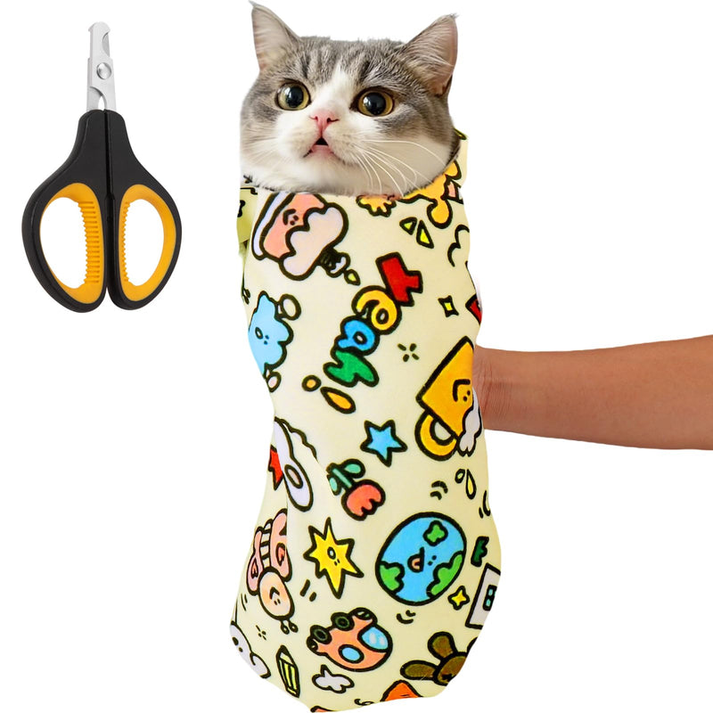 BABORUI Cat Grooming Wrap for Cutting Nails - Self-Adhesive Cat Swaddle Wrap with Nail Clipper, Anti-Scratch Cat Burrito Wrap for Nail Trimming, Cat Grooming Supplies XL Yellow - BeesActive Australia