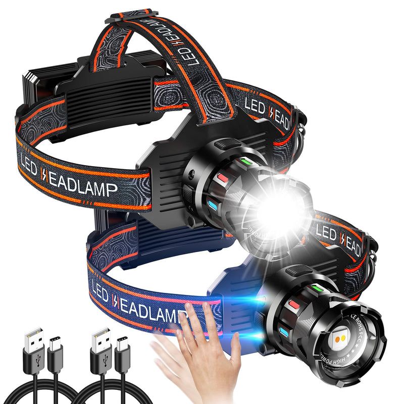 Foleto Rechargeable Headlamp 900 Lumens, LED Head Lamp Super Bright with Motion Sensor, Dual Chips Warm and Cold Light, 6 Light Modes, IPX6 Waterproof, LED Headlight for Adults Hiking Camping