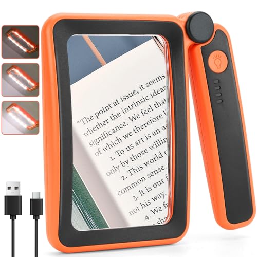 Rechargeable Magnifying Glass with Light for Reading, 6X Large Page Lighted Magnifier for Seniors Low Vision, Folding Handheld Rectangle Magnifier for Reading Small Print Orange-Black Orange Black