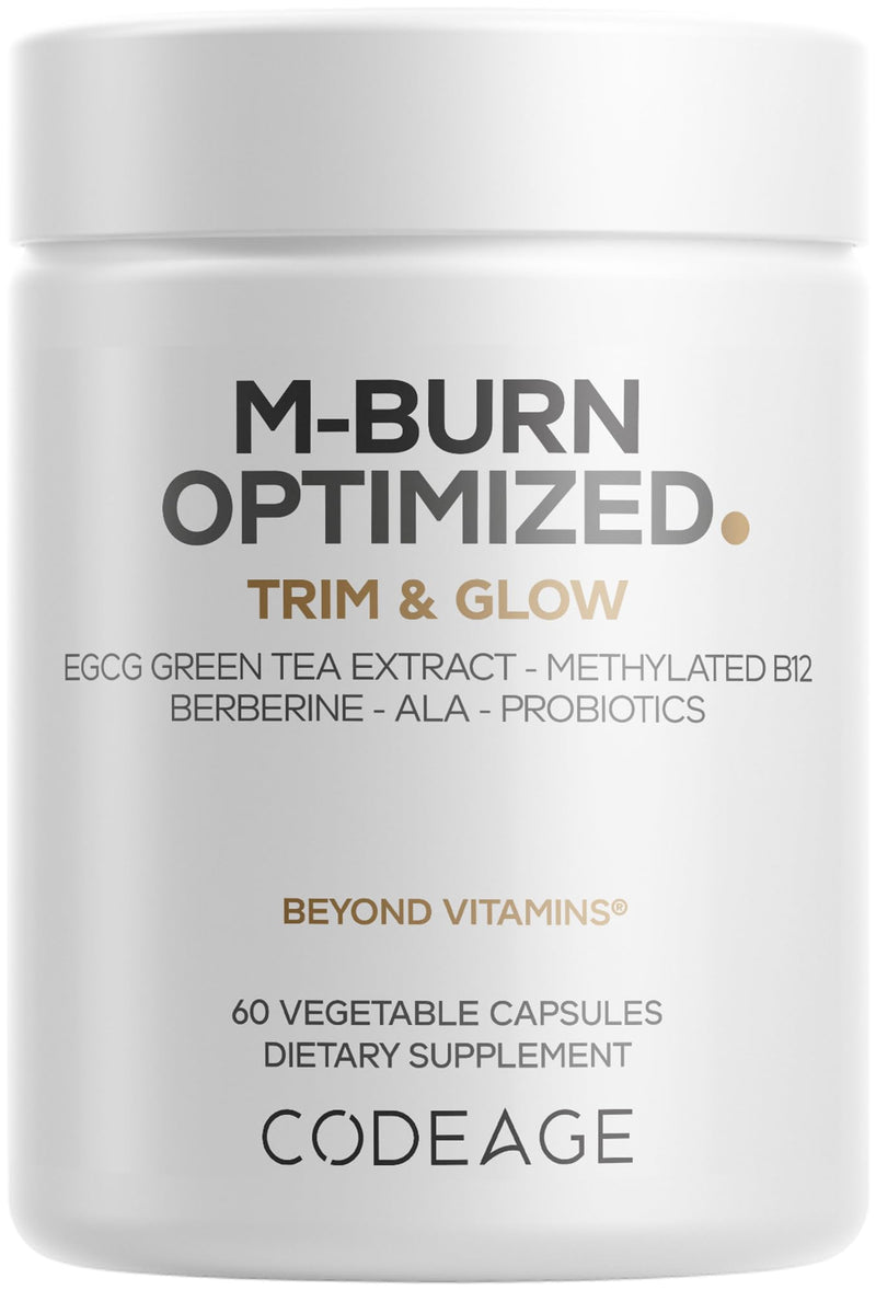 Codeage M-Burn, Berberine, Akkermansia, Green Tea EGCG, 60 Capsules | Decaffeinated green tea with berberine, alpha-lipoic acid, probiotics including akkermansia, and vitamin B12. Vegan, non-GMO.